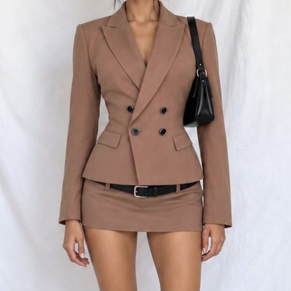 Vintage Y2K 90s Brown Double Breasted Shoulder Padded Blazer Suit Jacket Size M